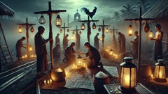 Ancianos del barangay atando sal y plumas de gallo como amuletos protectores fuera de una choza de nipa al atardecer.