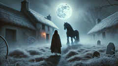 Eilish meets the Dullahan at nightfall; his horse stands at the boundary of mist and moonlight