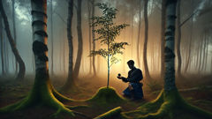 Ghillie Dhu cuidando de uma muda de bétula ao amanhecer, com capa de musgo.