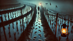 Un sendero fangoso al atardecer, con huellas dispersas y una silueta lejana que sugiere una figura sin cabeza.