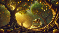 The dragon Ladon curled between tree roots and golden fruit guarding the Hesperides garden