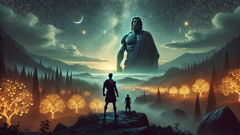 Heracles speaks to Atlas beneath starlit skies while the Hesperides garden glows behind them