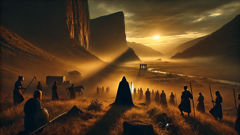 The valley of Nemea at dusk with villagers watching as Heracles moves toward the lion's cave