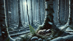 Ghillie Dhu, ao lado de uma fileira de bétulas, na neve de inverno, com uma criança pequena envolta em musgo.