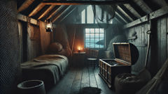 Un pescador junto a una pequeña barca y una cabaña de madera, con un cofre de piel de foca escondido en su interior.