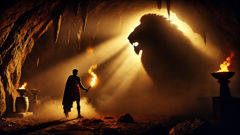 Heracles wrestling the Nemean Lion in the cave using his hands and a club