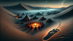 Un aîné faisant signe vers des traces de pas, tandis que la dernière lumière du jour s’éteint ; une empreinte impossible marque l’origine de l’histoire.