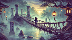 Princess Bari crossing a misty river at dawn, beginning her path into the underworld to seek the water of life