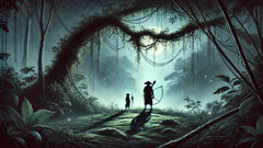 Un cazador Temuan se detiene bajo un arco de lianas, mientras el crepúsculo se convierte en luz de luna, con ofrendas atadas a una rama cercana.