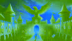 Turul statue perched atop a castle gate, banners fluttering with its image.