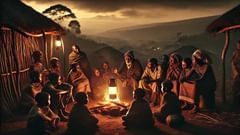 Un anciano narra la historia del oso Nandi a la luz de la fogata, entrelazando mito, memoria y enseñanza.