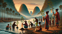 Ilustración de los ancestros Karbi realizando un ritual junto al río y a un plantón.