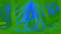 Hunor e Magor perseguindo o Cervo Milagroso por uma floresta ancestral iluminada pelo sol