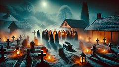 Os aldeões, com lanternas, reuniram-se ao redor de uma pequena sepultura no cemitério da igreja oriental durante uma noite de inverno.