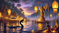 Festival on the riverbank where Garuda and Naga images are honored at dusk