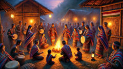 Dancers performing Nyokum as drums beat, elders recite Abotani verses at dusk