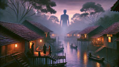 Un pueblo bajo árboles de manglar al atardecer, con una sombra gigantesca, apenas perceptible, sobre las casas.