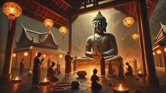 Village ceremony with villagers offering woven garlands and salted fish at yaksha statue base