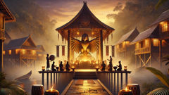 Représentation sculptée sur bois d'un oiseau-tonnerre au-dessus d'une scène fluviale, avec des figures cérémonielles offrant de la nourriture.