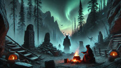 Ural-batyr cruza un paso nevado bajo la aurora boreal y se encuentra con una mujer chamán junto a un altar en ruinas.