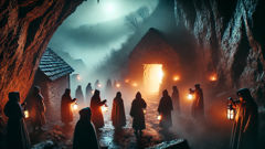 Villagers holding lanterns by a cave mouth during a night watch