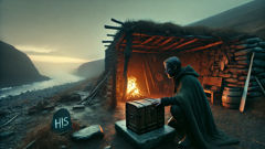 Aeneas setting down a wooden chest of Penates beside a lararium niche as dusk falls over a primitive camp