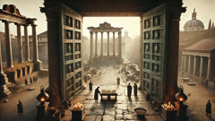 Temple doors of Janus Geminus in ancient Rome with offerings