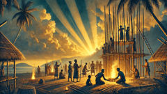 Dorfbewohner singen und bauen mit Bambus im goldenen Abendlicht, um das Bambusbündnis zu ehren.