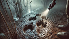 Large, three-toed reptilian footprints pressed into muddy swamp ground