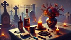 A close-up of traditional offerings left at a graveyard shrine—rum, cigars, flowers—evoking the礼s to Baron Samedi.