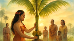 The first coconut tree rises where Sina planted the eel’s head, villagers gathered in awe.