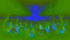 Reunión comunitaria en un claro de huerto envuelto en niebla mientras aparece el Nightcrawler.