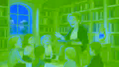 Un pequeño grupo de habitantes se reunió dentro de una modesta biblioteca para participar en un taller de lectura.