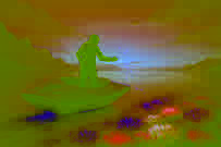 Engineer and AI seeding glowing synthetic coral in twilight bay
