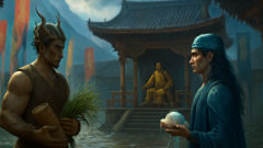 The royal court's contest as Son Tinh brings mountain gifts and Thuy Tinh offers river treasures beneath cloudy skies