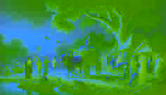 Una vaca blanca presumiendo frente a una oveja gris equilibrándose sobre un carreón cargado al atardecer, observada por los vecinos.