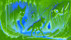 Un coyote escapando con una brasa brillante de una caverna de guardianes de magma, mientras sus aliados lo apoyan