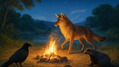 Un coyote près d'un feu de camp qui brûle lentement sous un ciel étoilé.