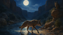 Coyote suit une rivière éclairée par la lune, dont la surface luit doucement.