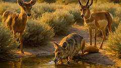 Un coyote au bord d'un point d'eau, observant des animaux méfiants qui s'approchent.
