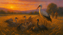 A flock of cranes and Leandros the stork are trapped in a farmer’s net in a barley field