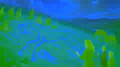 Dorfwohner, die unter freiem Himmel das Uffington White Horse meißeln, angeleitet von Arianwen.