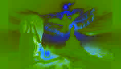 Violin and broken string next to accordion as specter fades into mist