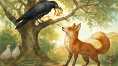 The fox flatters the crow in the olive tree as she holds cheese in her beak