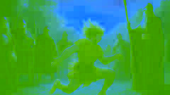 Jovem Cu Chulainn em sua forma ríastrad durante o treinamento; os Cavaleiros da Rama Vermelha observam com admiração e preocupação.