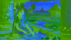 A young maiden sketches symbols in the mud beside a lotus pond under swaying palm fronds at dusk