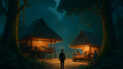 An ancient forest at twilight with a gentle glow and the backward-footprints leading into the trees
