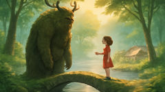 Yara and Curupira stand on a log over a forest stream as rain falls softly