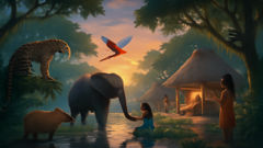Dusk over a rainforest with silhouettes of forest creatures and a guardian at the edge