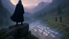 مشهد تاريخي تخيّلي يعرض أراون وهو على قمة تل، بينما تعبر كلاب أنوين الوادي، وتبدو أشكالهم مضيئةً أمام ضباب الصباح.